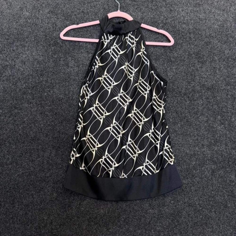 Black Women's Small Y2K Abstract Print Sleeveless Mock Neck Blouse